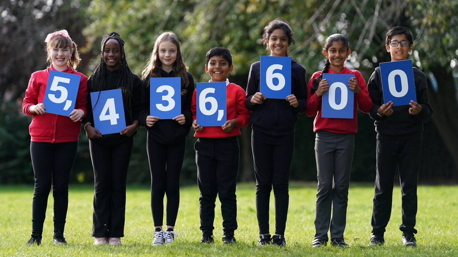 Pupils l-r Lucy Mackie, Mudiwa Chigovanyika, Ana Milne, Rajveer Shelar , Uzma Syed, Shreshta Jasti, Yousaf Iqbal from Stenhouse Primary School, Edinburgh, holding up cards showing the new estimate of the population of Scotland during the launch of the first results from Scotland's Census 2022. Picture date: Thursday September 14, 2023.