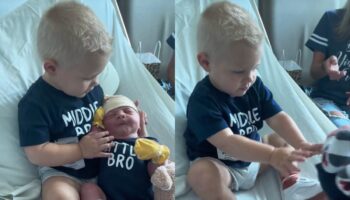Toddler has amusing reaction to realising he’s the middle child when meeting baby brother: ‘Return to sender’