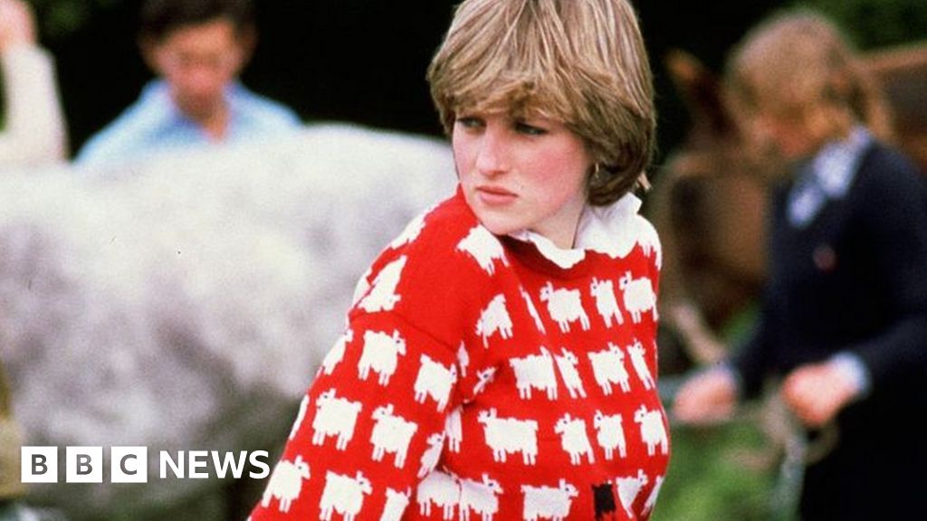 Princess Diana in a red and white sweater in front of a horse