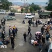 Ethnic Armenians wait to be evacuated from Stepanakert on September 26, 2023.
