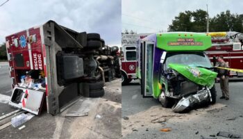 Florida fire rescue vehicle gets slammed onto its side in crash with bus, truck while responding to call