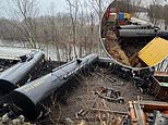 Norfolk Southern freight train derails in Pennsylvania pushing carriages into river just days after it was revealed CEO got 37 percent pay rise to $13.4 MILLION and one year after East Palestine railway disaster