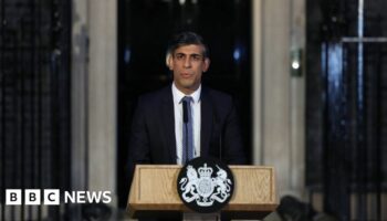Prime Minister Rishi Sunak standing at a lectern outside 10 Downing Street